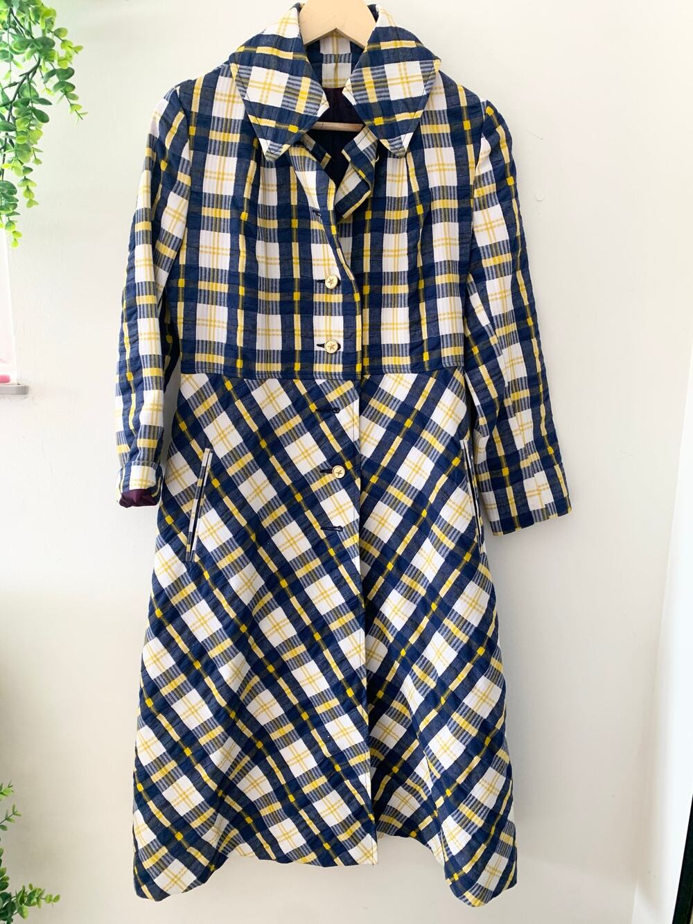 Vintage Jill Jr Union Made 1970s Trench Coat Yellow Blue Woven Union USA made